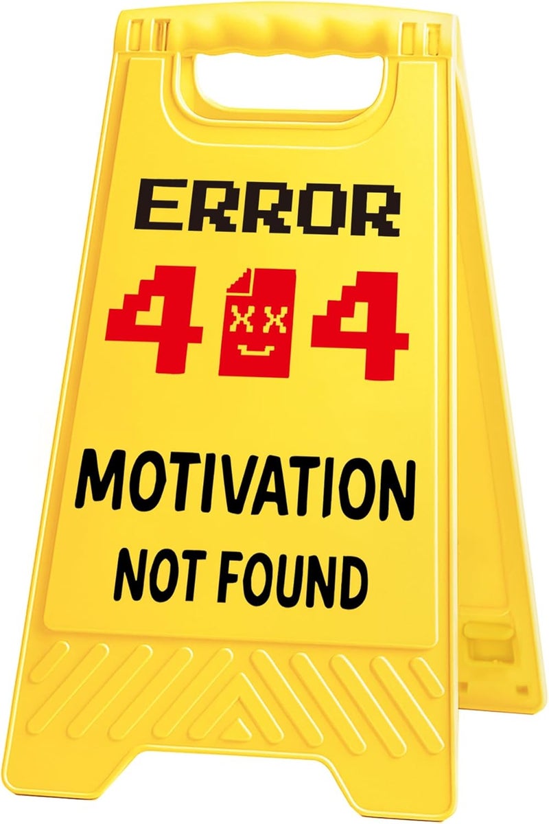 EXUBERIUM Error 404 Motivation Funny Desk Sign Yellow Warning Style Acrylic Table Decor Gift for Coworkers Friends Home Office Workspace Tabletop Cubicle Phone Holder Mirror Stand - Image 1